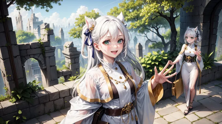 white hair, green eyes, waving at me, ruins around, green background, in her twienties, white uniform with black stripes, very beautiful face, aesthetic face, smiling, mature looking,