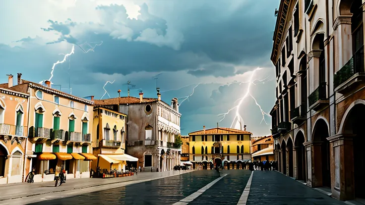 Wide cinematic shoot. Ripley film. 1960´s scene outside view .italian square. Backdrop is a Venetian palazzo. Dramatic afternoon lightning. vibrant 35mm film