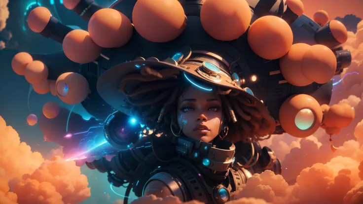 Close-up of a person wearing a hat in the clouds, Afro-Futurism, fantasy style 8 k octane rendering, afrofuturism, afrofuturism anime, 4K high-definition digital art, style hybrid mix of Beeple, Beeple and jeremiah ketner, loss draw | afrofuturism, Beeple....