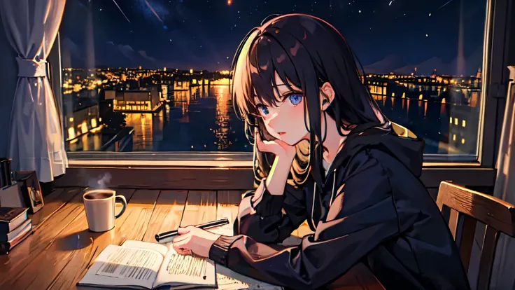 ((1 girl))、black hair、Quiet room at night、((night view outside the window))、Relaxed look、studying、coffee、headphone、warm lighting