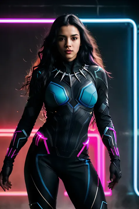 (black long wavy hair with blue and purple neon lighting:1.2),(close-up photo:1.2) Best image quality, Masterpiece, Ultra-high resolution, (Fidelity:1.4), ((black panther)), kim jisoo, deep cleavage, large breasts,  black panther outfit, Futuristic, ((Awar...