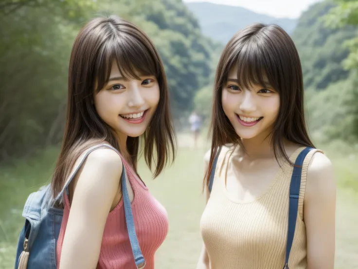 identical twin sisters、K-POPアイドル、With bangs、women sexy、laughter、Tank top、Carrying a rucksack、shorts、espadrilles、At the campsite