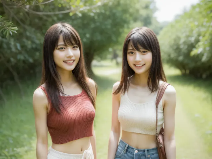 identical twin sisters、k-popアイドル、with bangs、women sexy、laughter、tank top、carrying a rucksack、shorts、espadrilles、at the campsite