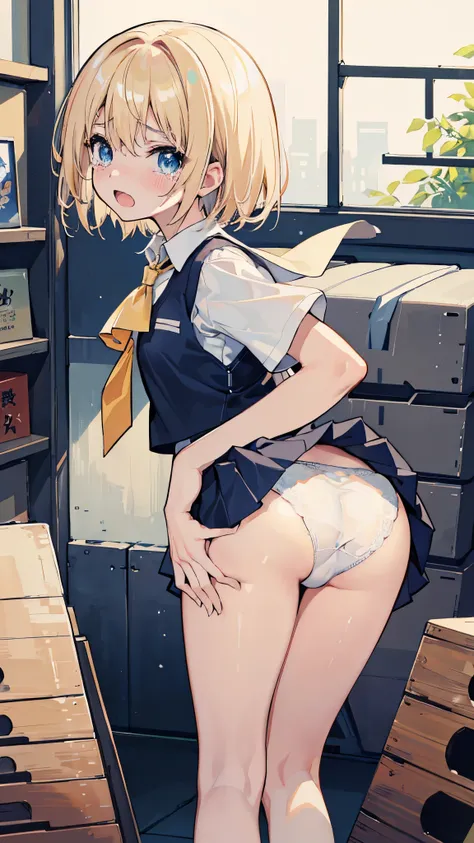 (8K、best image quality、highest quality、masterpiece)、1 girl、blonde、short hair、blue eyes、blush、((tears))、((open mouth))、Moderate chest、((white shirt))、short sleeve、((navy blue vest))、((black pleated skirt))、((white panties))、cowboy shot、((bent over))、take ca...