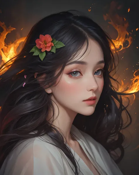 (best quality,4k,8k,highres,masterpiece:1.2),ultra-detailed,realistic:1.37,a painting of a woman with long hair and a flower in her hand,ccxl-mucha,Chandra / Magic the Gathering Art / fire Flames,portrait,soft colors,vibrant lighting,beautiful detailed eye...