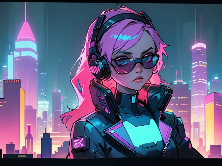 cyberpunk style、neon cityscape、1980s american synth wave vibe、beautiful woman with long hair、wearing sunglasses and headphones、r...