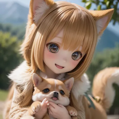 beautiful detailed eyes, long eyelashes, cute button nose, rosy lips, a girl playing with a Shiba Inu dog in a picturesque countryside scenery, warm sunlight casting golden hues on, a winding path leading up the tall mountains, lush trees standing tall, a ...