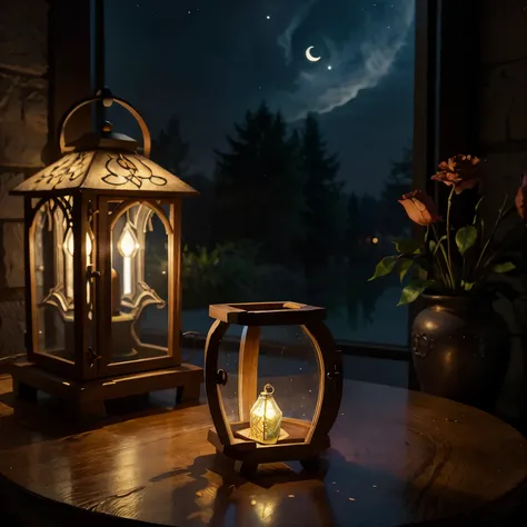 The soft light of a small lantern illuminates a wooden table, its intricate carvings and imperfections adding character to the scene. Beyond the old window, a crescent moon hangs in the dark sky, its gentle glow highlighting the vibrant Art Nouveau-inspire...