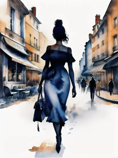 rough sketch, thick outlines, simplified silhouette,female,slim tail,walking along the streets of paris with cafes,bold watercol...