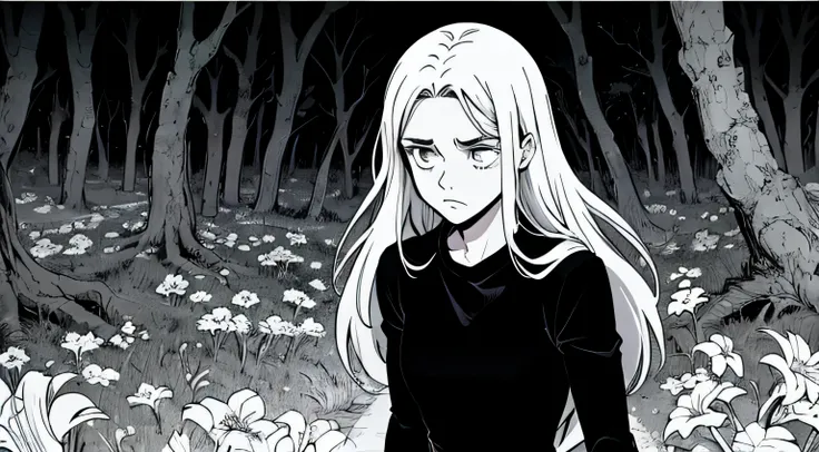 uma triste com vestido rasgado andando por uma imensa floresta. Black and white manga style. cena de plano aberto.
