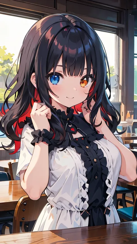 tits、glaring, smile、hands up, elbows on table, face palm、 1 girl,Heterochromia of red and blue iris, smile＋Happy, medium hair, dull bangs, flipped hair, black hair, Red hair inside, (wavy hair) breasts close up, ruffle dress