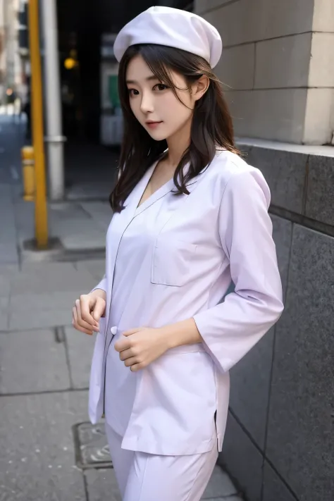 best quality, masterpiece, soft light, 1girl, solo, ,nurse suit,in street