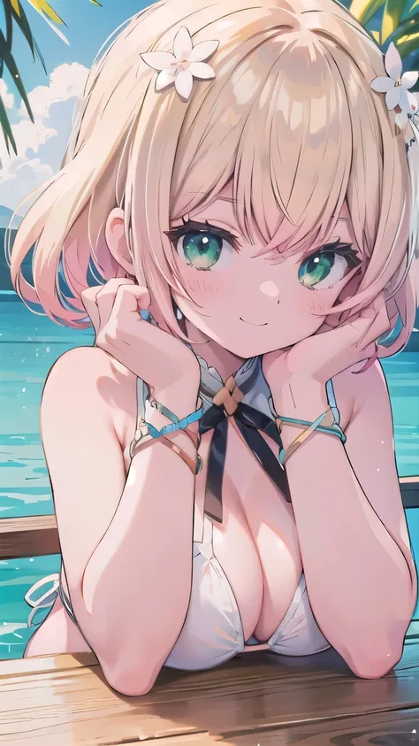 tits、glaring, smile、hands up, elbows on table, face palm、breasts close up, (((white bikini)))