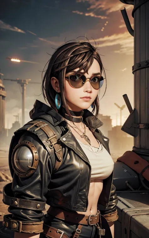 ambiente steampunk, dramatic art, estilo de arte dieselpunk, apocalyptic road warrior vibe, a girl wearing beautiful mirrored sunglasses that reflects everything around her, arte digital surrealista, Mad Max inspirado, heavy metal artwork, simetria da face...