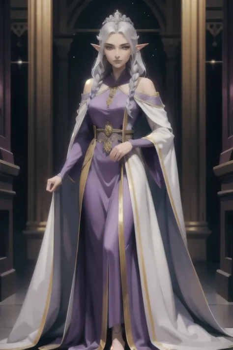 Female elf royalty, beautiful, tall, slender, confident face, with silver braided hair, noble purple robes, fully clothed, royal attire, confident sharp look, majestic, royalty, princess, wearing a crown, in a kings court, long robes