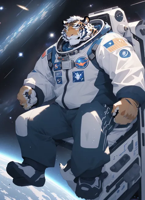 hairy，（tiger，Pure white spacesuit，astronaut helmet，），beard，golden fur，male，Common，full-body shot， dynamic poses，In outer space，floating in the air，Breathing heavily，honest，Smile，Detailed background，极其lifelike阴影，masterpiece，Very detailed，lifelike