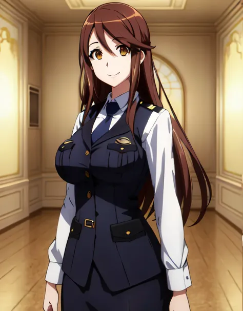 iida nana rw,(brown eyes),brown hair,long hair,police uniform,vest, collared shirt,skirt, blue necktie,(large breasts:1.5),(shiny,hair),((solo)),((masterpiece)),((best quality)),perfect anatomy,slim waist,perfect image,8k UHD,(beautiful detailed eyes:1.5),...