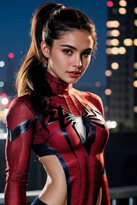 Highly realistic, high definition, 4K, young cute girl , cleavage, wearing Spiderman costume, perfect hair:1.5, pony tail hair, white colour hair, perfect body:1.5, muscular body, full body view, perfect face:1.5, perfect lips:1.5, perfect eyes:1.5, perfec...