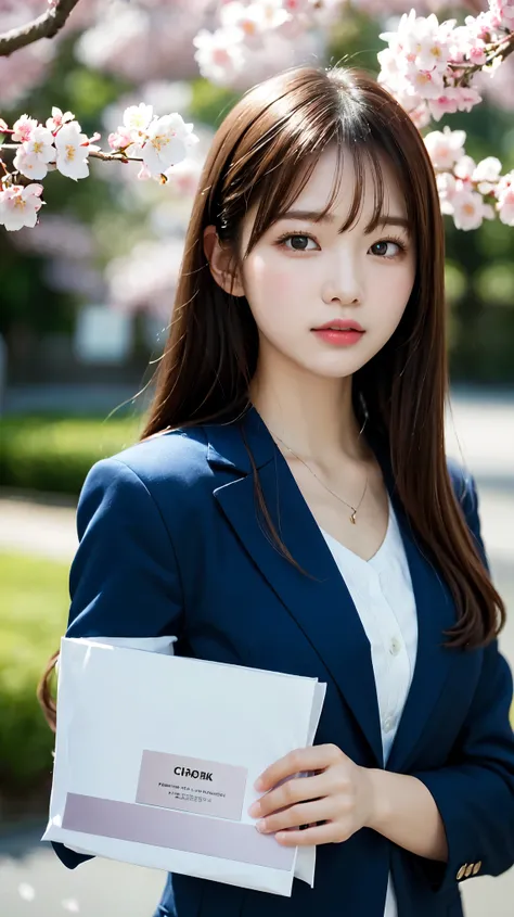 graduation ceremony、high school girl、uniform 、navy blue blazer、Cherry tree in full bloom、Cherry blossom confetti、perfect proportions、cute、((18 year old female:1.2))、young adorable japanese face，official art，Highly detailed CG Unity 8K wallpaper，（masterpiec...