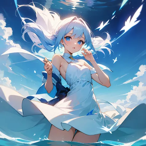 Blue eyes and hair, white dress (half shoulder), looks like shes floating on some water or something while holding a bubble on her right hand