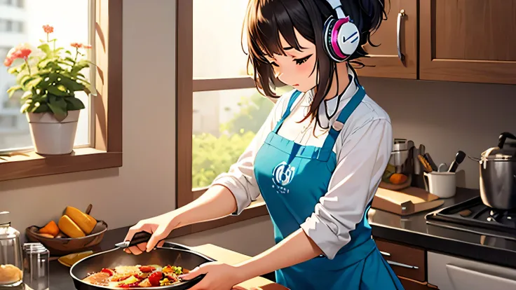 Beautiful girl cooking in the kitchen while listening to music through headphones　apron