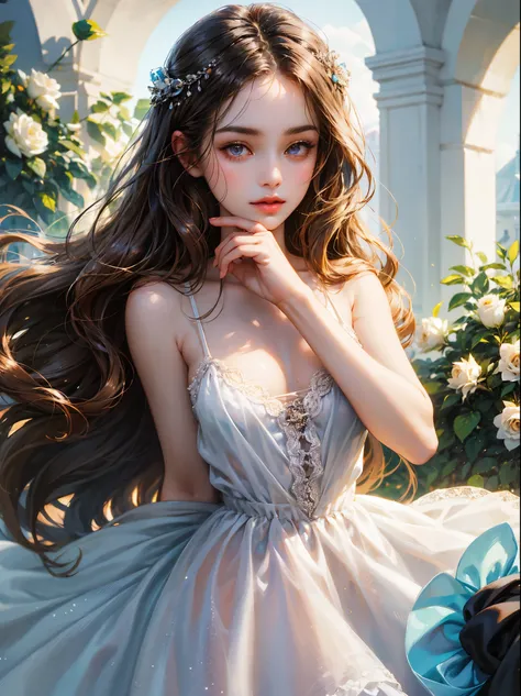 A girl, long brown hair, small breast, no bangs and crystalline grays eyes. She wears a light blue sundress, beautiful girl, detailed eyes, detailed face, detailed hands. She looks at the viewer. She has in her hand a black rose. Simple background