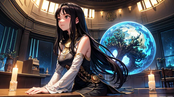 Singular light, alone, woman, cosmic, fantsy, looking away:1.4, adult, busty, Ghibli-like design, living room, sitting, dark hair, studying, face seen from the side, Completely sideways,landscape orientation, side view, bar