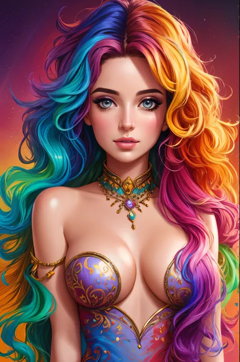 Colorful beautiful girl: a girl 28-years old, messy hair, oil painting, 8k resolution, complex, elegant, expansive, fantastical,  wavy hair, vibrant, rainbow colours