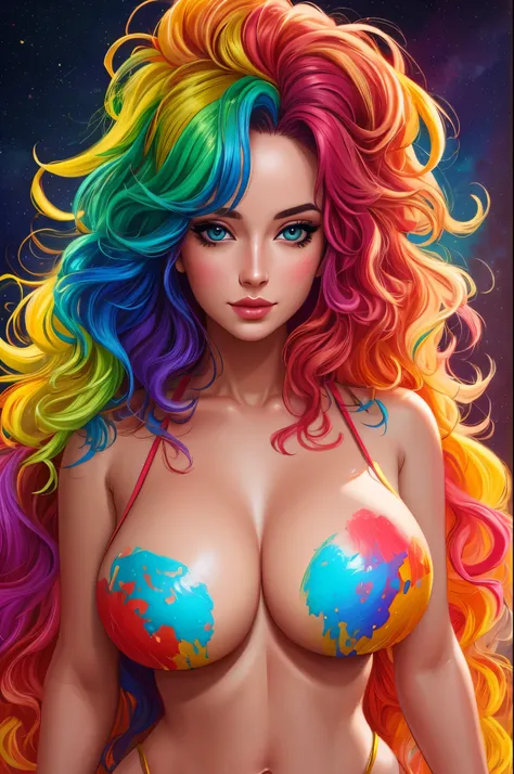 Colorful beautiful girl: a girl 28-years old, messy hair, oil painting, 8k resolution, complex, elegant, expansive, fantastical,  wavy hair, vibrant, rainbow colours