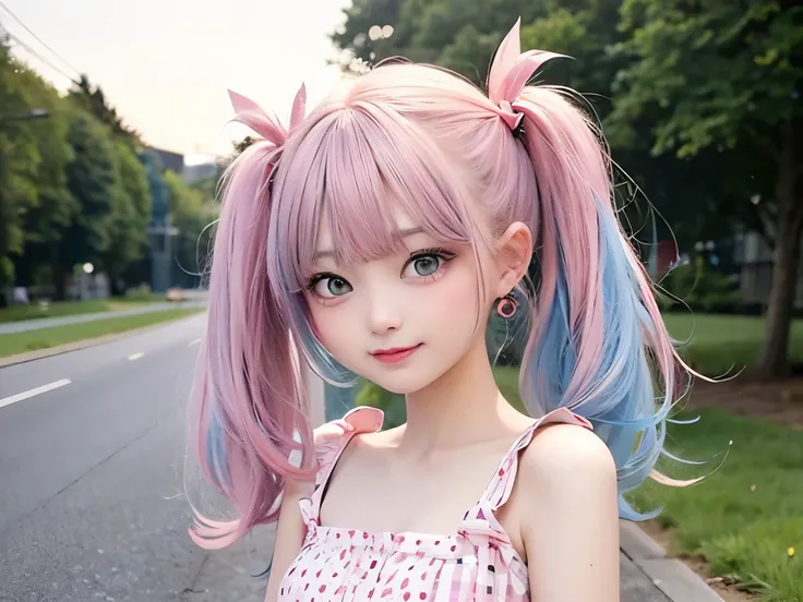 The arrival of autumn、small face、 (alone:1.5,)Super detailed,明るいcolor, very beautiful detailed anime face and eyes, look straight, shiny_skin,girl, (((虹colorの髪, colorful hair, Half blue、half pink hair: 1.2))), 、shiny hair, delicate beautiful face, blush、G...