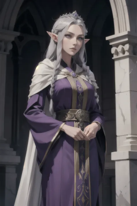 Female elf royalty, beautiful, tall, skinny, confident face, with silver braided hair, noble dark purple robes, fully clothed, royal attire, confident sharp look, majestic, royalty, princess, wearing a crown, in a kings court, long robes, detailed face