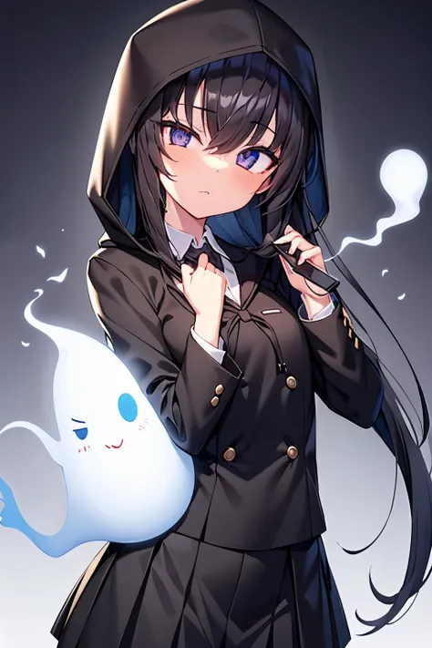 1 girl, black hair, (Wear a black hood) (school uniform) formal, Ghost, Ghost hair, hair above one eye, long hair, (one eye covered)flat chest