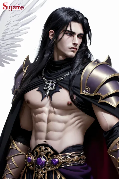 ((best quality)), ((masterpiece)) (detailed),((man)) ((king of darkness)) ((white pure Skin)) ((Eyes are dark purple)) ((Villain)) ((covered in darkness)) ((fallen angel)) ((long hair parted in the middle)) ((muscular body anime)) ((Wearing Roman noble clo...