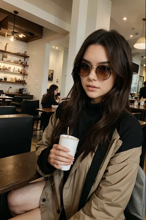 A woman who’s sitting in cafe. Sipping hot chocolate using celine sunglasses. Her face is combination of kim taehyung and kendall jenner. Body’s look like kendall jenner wearing old money outfit style. She’s korean-american born.  