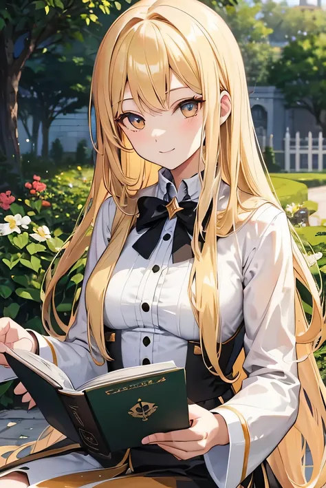 blonde, golden eyes, long hair, neat woman, Reading in the garden, anime, smile, black tea