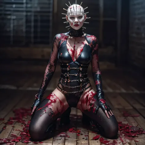 Female Pinhead from Hellraiser, perfect body, black eyes, full bod shot, skin-tight BDSM bodysuit, chains, black leather, sexy look, small breasts, flat chest, smile, slim, thin waist, thin thighs, thin arms, lots of bloody piercing, scorched skin, blood, ...