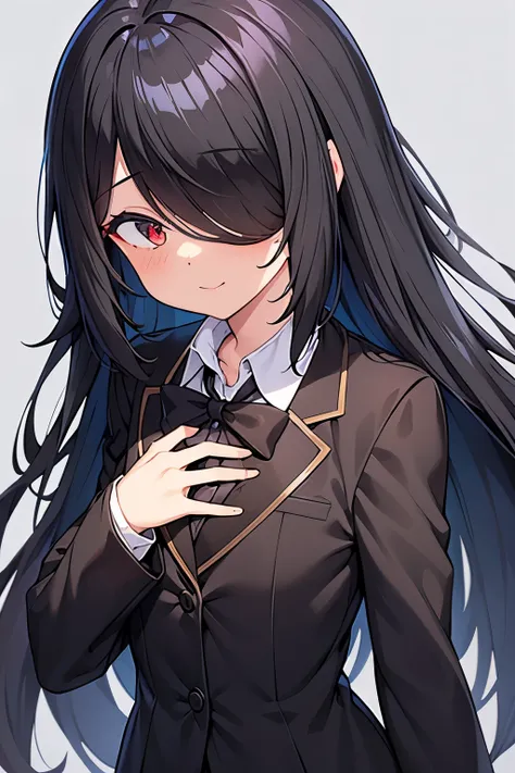 1 girl, black hair, (black school uniform)formal, ghost, ghost hair, hair above one eye, long hair, (one eye covered) indiana br...