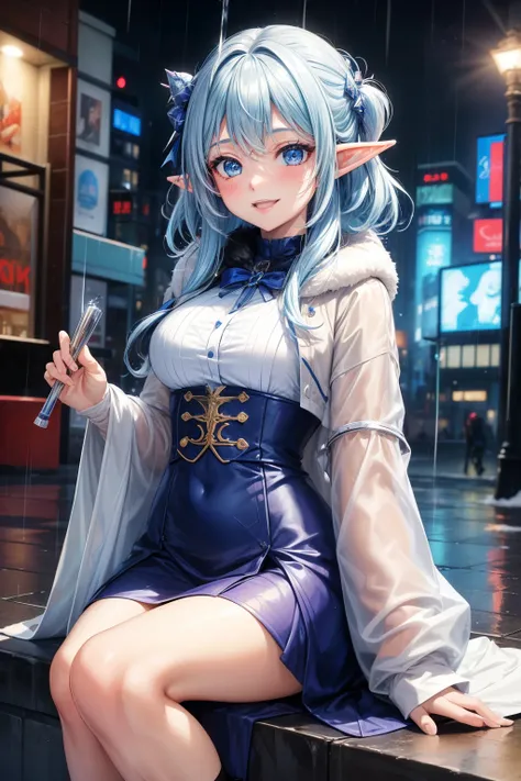 1girl, ((high quality)),((masterpiece)), winter clothes, elf　, blue light skin　, Avatar girl, marron messy hair,　city, party, cute,sexy, smile,rain vibe,ice ,🪻,🌧️,☄️,