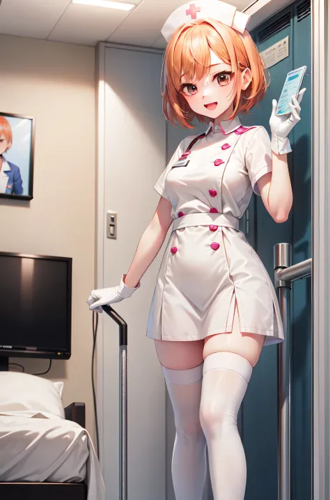 1girl, solo, nurse, nurse cap, white nurse uniform, ((white legwear, zettai ryouiki)), white gloves, very short hair, orange hair, smile, open mouth, standing, ((hospital room)), sharp outline, short sleeves, tomboy, boyish, best quality, masterpiece