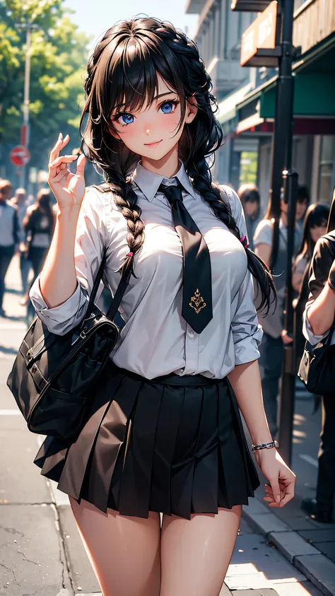 (best quality:1.3), (Complete details:1.5) , (Eye details:1.2), (Shadow details:1.2), (sharpness:4k), one young woman, College Girl, big breasts, Cup Bust:H, women&#39;s student uniform, black short skirt, white shirt, Chest groove, bright blue eyes, spark...