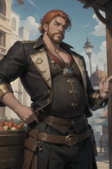 very large and fat man, strawberry blonde hair, short hair, goatee, pirate, eye monocle, covered in jewels, in a pirate market