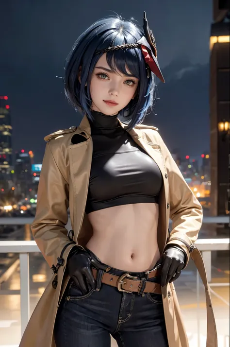 (long leather trench coat, long skinny jeans, iron belt), ((midriff, navel)), smile, looking at viewer, night city boulevard, standing, (cinematic lighting, best quality, masterpiece, high details, best quality, highres, HD, 4K, 8k, super detail), best qua...