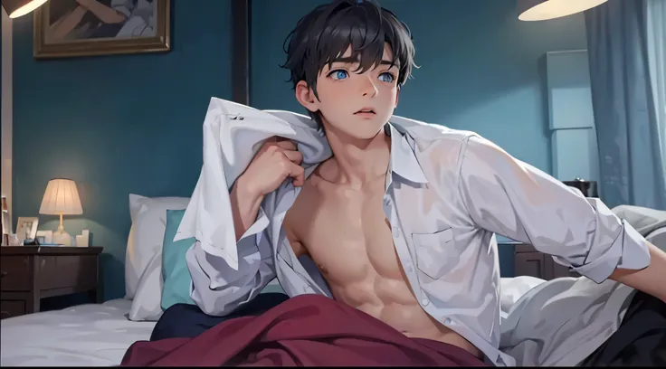 cute 16 year old boy blue eyes gray hair he is getting dressed sitting on the bed he just got up he is a little scared surprised he is talking to someone