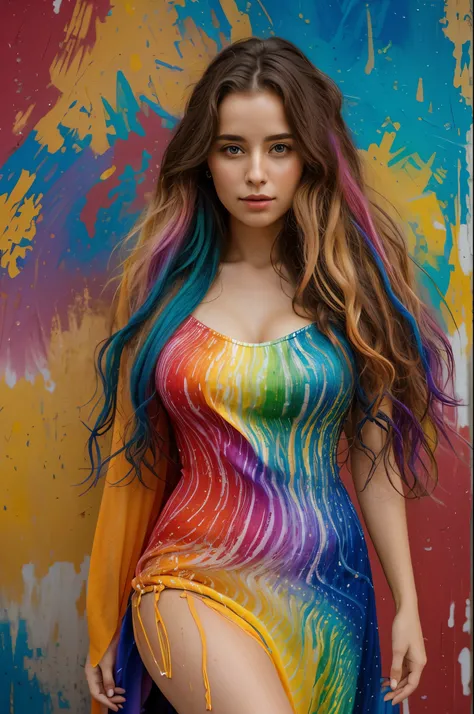 Colorful beautiful girl: a girl 28-years old, messy hair, oil painting, 8k resolution, complex, elegant, expansive, fantastical,  wavy hair, vibrant, rainbow colours, full body shot, long flowing dress