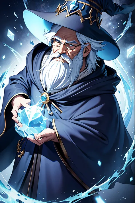 1 wizard, releasing ice spell, upperboddy, white beard, short hair, in dark blue cloak, dark blue magic hat, upperboddy