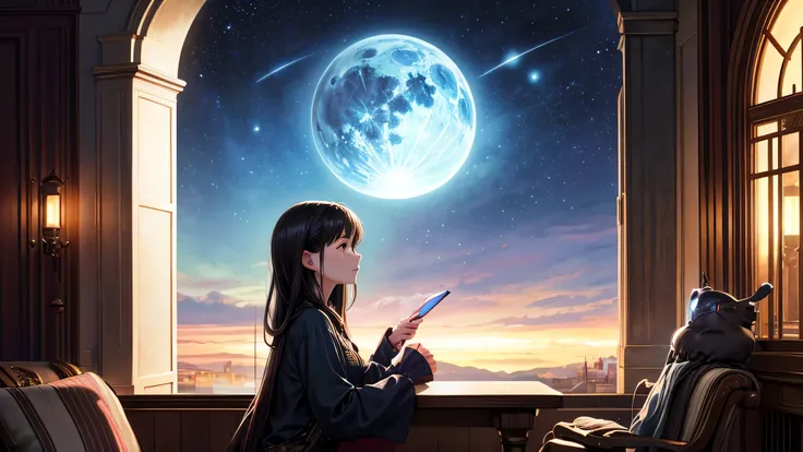 Singular light, alone, woman, cosmic, fantsy, looking away:1.4, adult, busty, Ghibli-like design, living room, sitting, dark hair, studying, face seen from the side, Completely sideways,landscape orientation, side view, bar