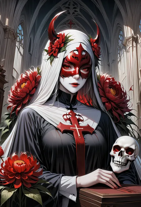 (best quality,4K,8K,high resolution,masterpiece:1.2),Super detailed,(actual,photoactual,photo-actual:1.37),Spacious church,Giant cross，flame十字架，Beautiful nun,(meticulously made,Gorgeous) mask,Demons around,skull,bloody,red lily,red chrysanthemum,flame,Ligh...