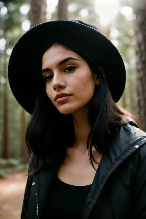 photo of a woman, (sympathetic expression), ultratextured skin, goosebumps, jet black hair half up and half down, faux fur lined parka with skinny jeans and hat, band profile, tall ancient mahogany trees creating a sense of wonder and awe, Beautiful eyes, ...