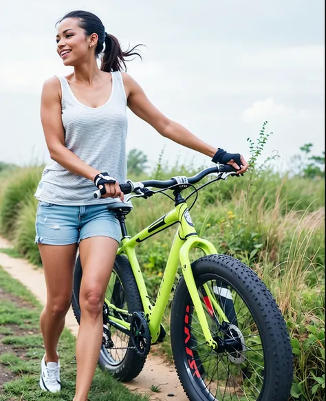 araffe woman walking with a bicicleta on a dirt path, ao ar livre, foto de uma motociclista, Cavalgando a bike, bicicleta, 🚿🗝📝, roupas esportivas, lazer, ciclismo!!, baixa estatura, bicicleta in background, bicicletas, Cavalgando, se divertindo, mulher bai...