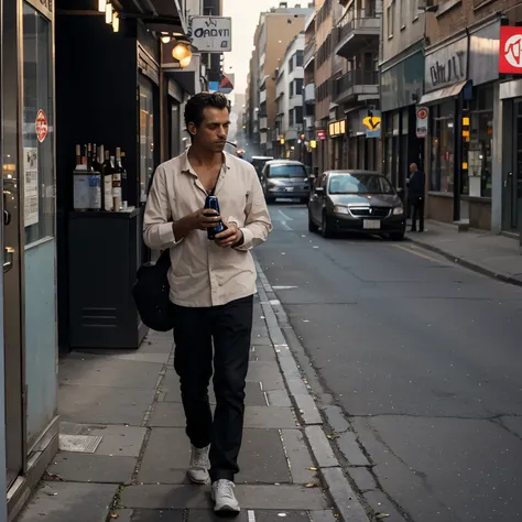 A lonely cat smoking cigarettes on the street with a bottle of alcohol in his hands walking 